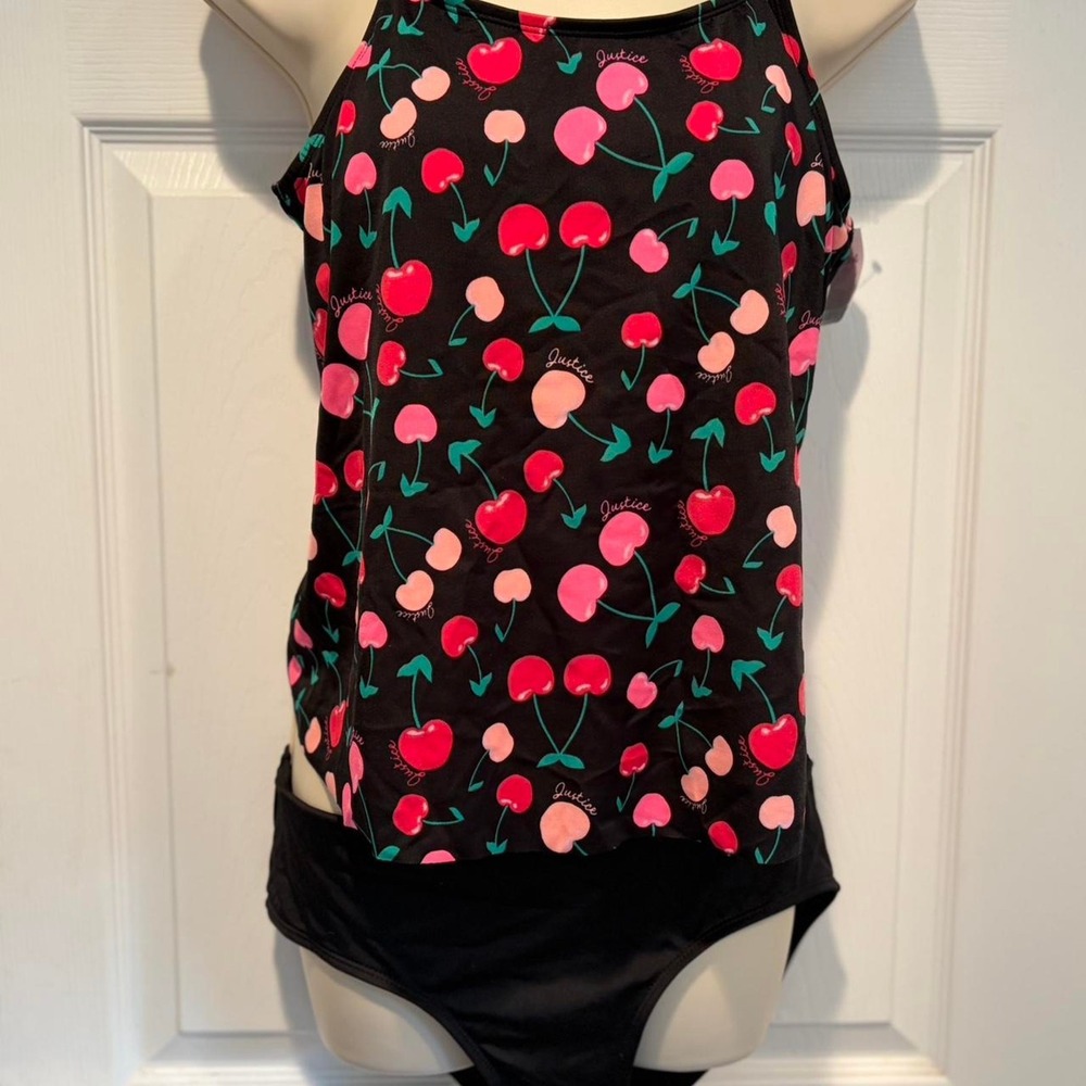 Justice Girls 18 Plus Cherry Tankini Swimsuit 2pc Set Black UPF 50 NWT 18P